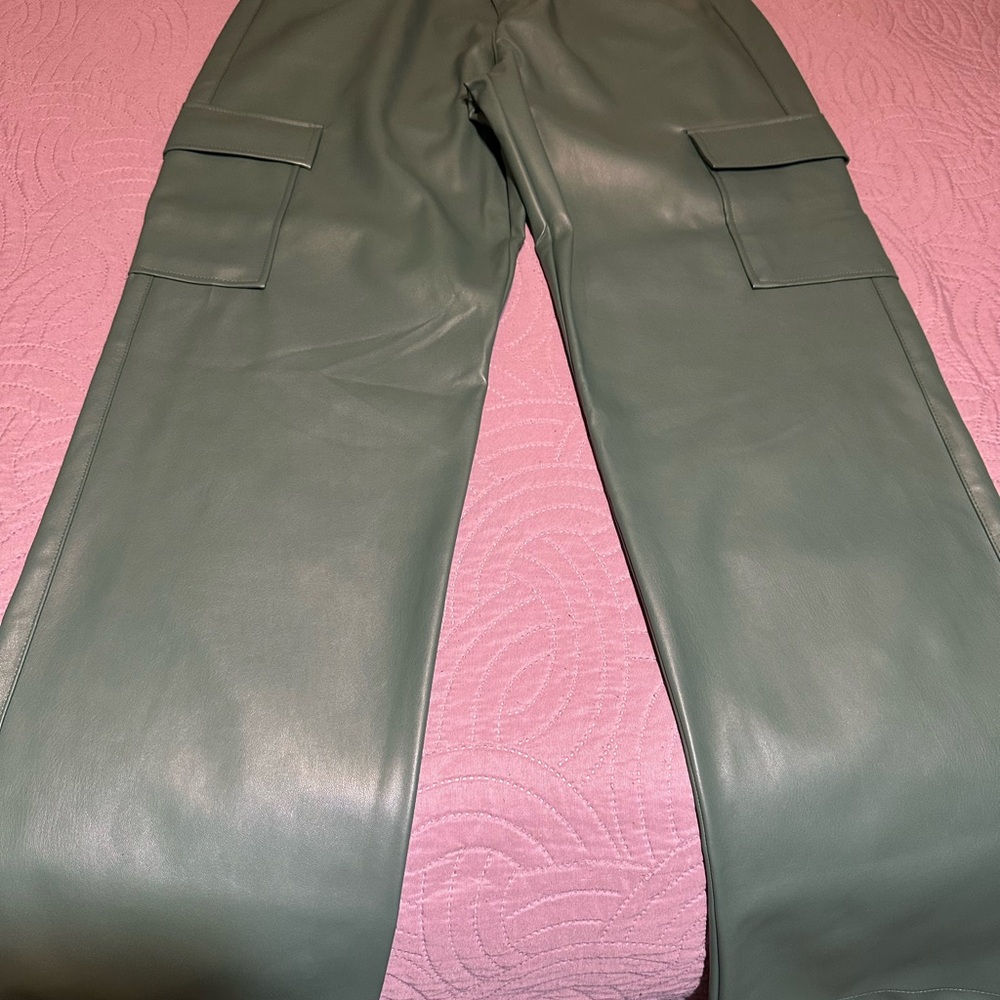 Green Faux Leather Cargo Pants